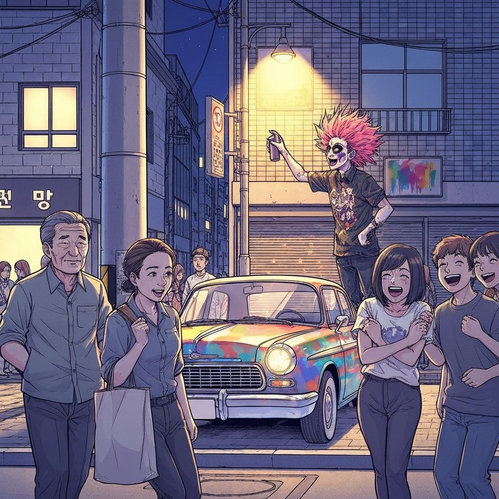 야간에 두 명의 세차 전문가가 차량을 세차하는 만화 일러스트